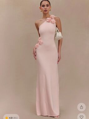 Meshki Blush One-Shoulder Floral Appliqué Gown